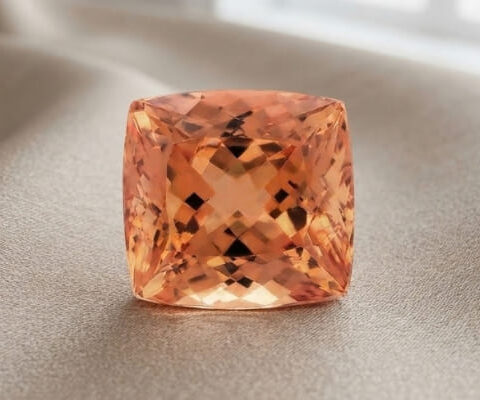 Natural imperial topaz gemstone, cushion cut front view