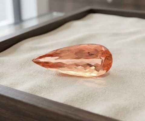 Natural imperial topaz gemstone in peach orange pear cut on white display cushion