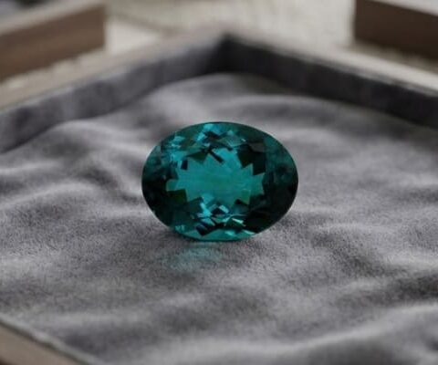 Natural blue Tourmaline oval cut gemstone on grey velvet