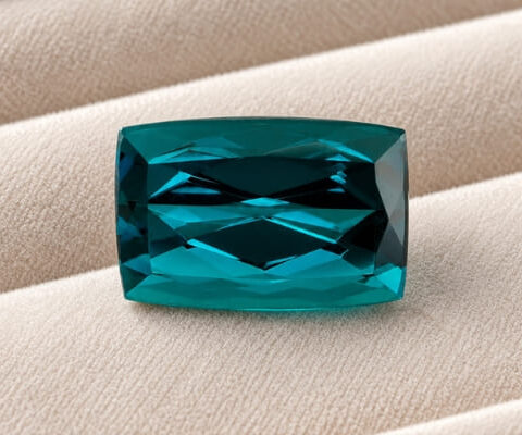 Natural Blue Tourmaline cushion cut gemstone on ivory fabric