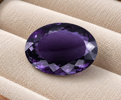 Natural Deep Purple Iolite oval cut gemstone on ivory fabric