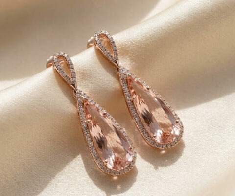 Pear Morganite and Diamond Drop Earrings in Rose Gold