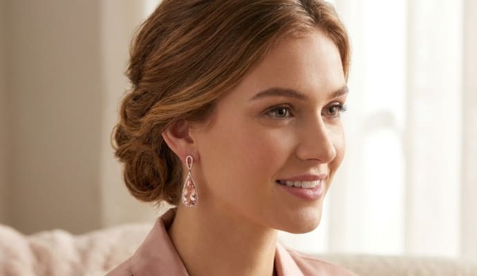 Woman Wearing Pear Morganite Diamond Drop Earrings