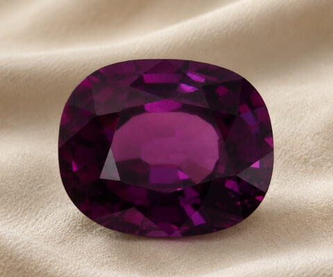 Natural Deep Purple cushion cut gemstone on ivory fabric