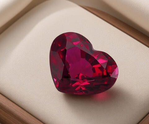 Natural Mozambique Ruby heart cut red gemstone in wooden jewellery display tray