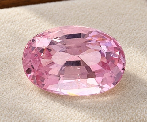 Natural oval-cut peach pink sapphire gemstone, front view