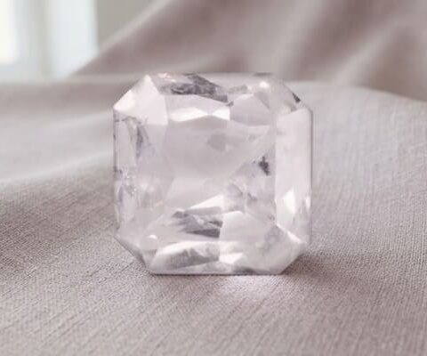 Natural emerald-cut light peach sapphire gemstone on soft fabric