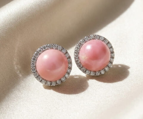 Pink Conch Pearl and Diamond Halo Stud Earrings