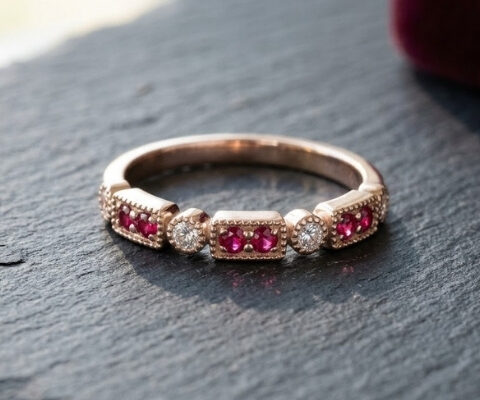 Round Pink Sapphire Diamond Stackable Ring