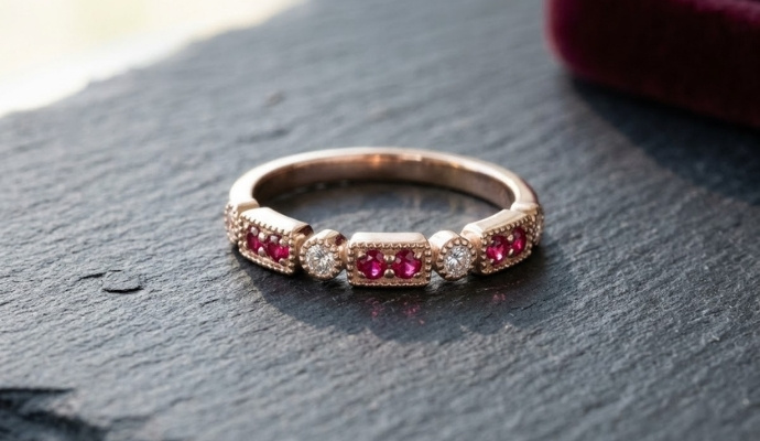 Round Pink Sapphire Diamond Stackable Ring