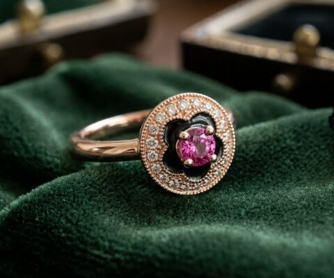 Pink Sapphire Black Enamel Diamond Ring