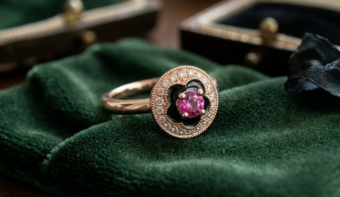 Pink Sapphire Black Enamel Diamond Ring