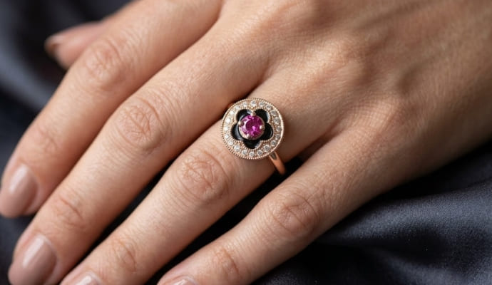 Pink Sapphire Black Enamel Diamond Ring