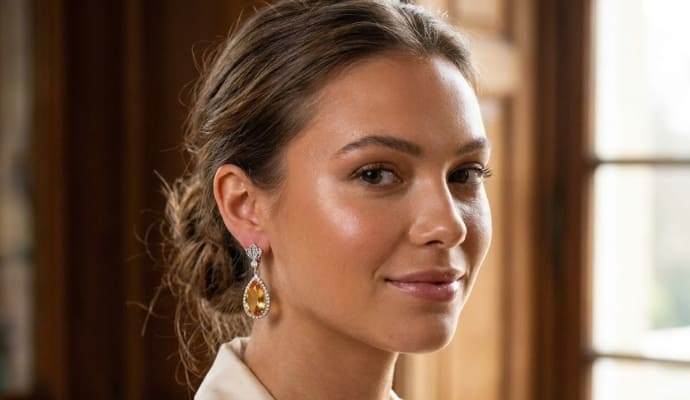 Woman Wearing Pear Yellow Topaz Diamond Drop Earrings