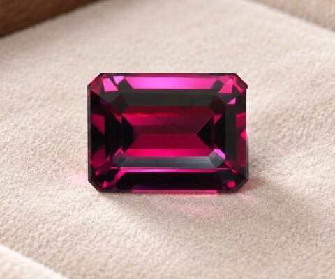 Natural Rhodolite Garnet gemstone with deep pinkish-red color and emerald cut, front view.