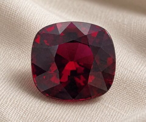 Natural Rhodolite Garnet gemstone with deep red color and cushion cut, front view.