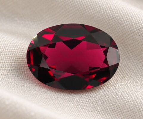 Natural Rhodolite Garnet gemstone with rich raspberry-red color and oval cut, front view.