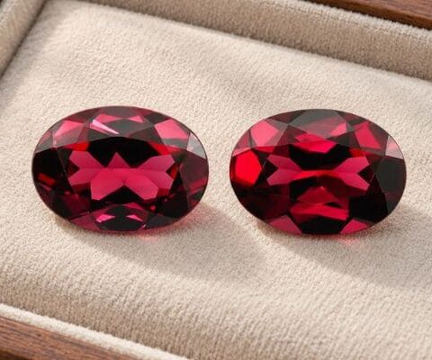 Natural Rhodolite Garnet gemstone pair with rich raspberry-red color and oval cut, front view.