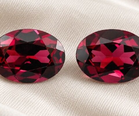 Natural Rhodolite Garnet gemstone pair with rich raspberry-red color and oval cut, front view.