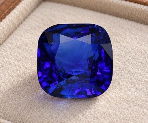 Natural Royal Blue Sapphire gemstone with vivid blue color and cushion cut, front view.