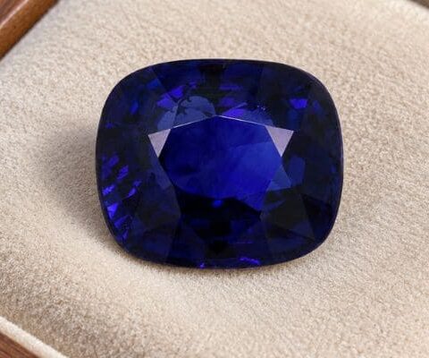 Natural Royal Blue Sapphire gemstone with deep blue color and cushion cut, front view.