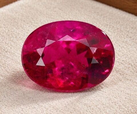 Natural Rubellite Tourmaline gemstone with vivid pinkish-red color and oval cut, front view.