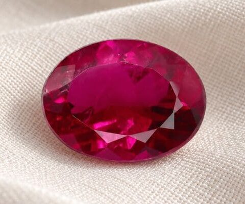 Natural Rubellite Tourmaline gemstone with vivid raspberry-pink color and oval cut, front view.