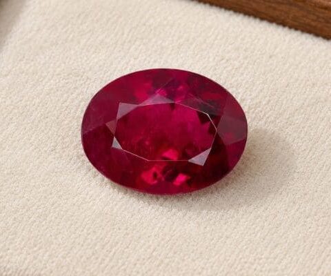 Natural Rubellite Tourmaline gemstone with rich raspberry-red color and oval cut, front view.