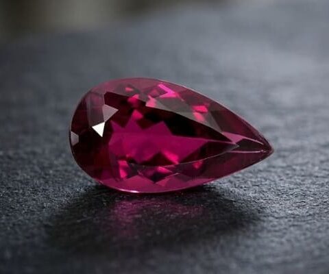 Natural Rubellite Tourmaline gemstone with deep raspberry-pink color and pear cut, angled view.