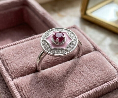 Ruby Pink Enamel Diamond Ring