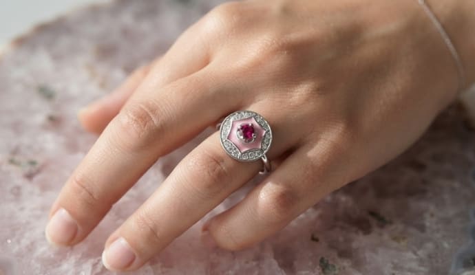 Pink Enamel Diamond Ring