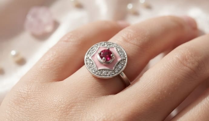 Ruby Pink Enamel Diamond Ring