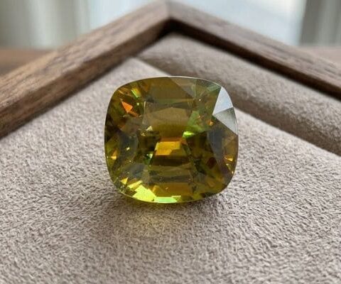 Natural Greenish Yellow Sphene Cushion Cut Gemstone Front View