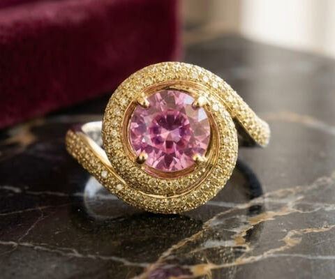 Round Unheated Pink Sapphire Yellow Diamond Ring