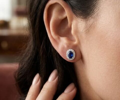 Oval Blue Sapphire Halo Stud Earrings