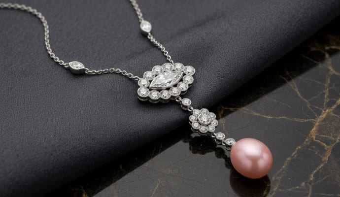 Oval Pink Pearl Diamond Station Drop Necklace