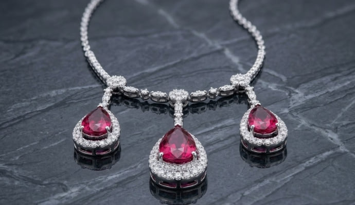 Rubellite Teardrop Halo Necklace Side Drop Accents
