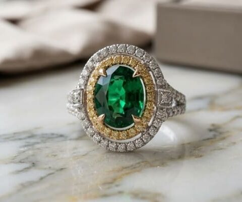 Tsavorite Yellow and White Diamond Ring