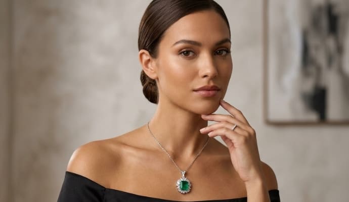 Emerald Diamond Halo Drop Pendant