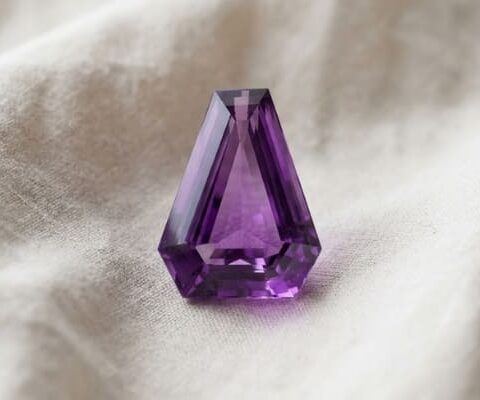 Faceted purple Amethyst loose gemstone on soft white fabric.