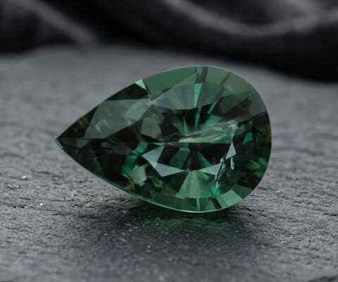 Natural pear-cut alexandrite gemstone displaying deep green colour on dark stone surface.