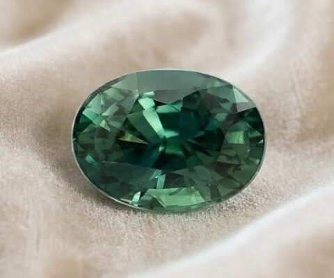 Natural unheated oval-cut greenish blue sapphire gemstone on soft cream fabric.