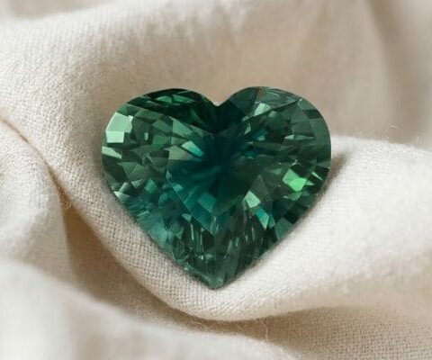 Natural unheated heart-cut greenish blue sapphire gemstone on soft cream fabric.