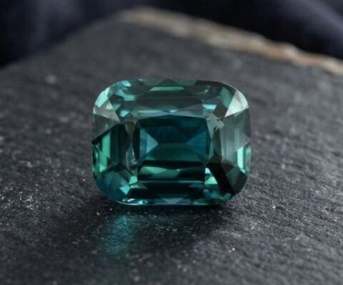 Natural unheated cushion-cut greenish blue sapphire gemstone on dark stone surface.