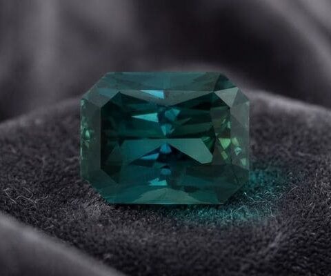 Natural unheated emerald-cut greenish blue sapphire gemstone on dark velvet fabric.