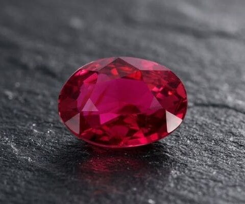 Natural unheated oval-cut Mozambique ruby gemstone on dark stone surface.